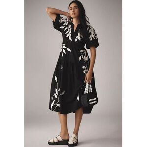 Anthropologie Short-Sleeve Embroidery Appliqué Midi Dress XXSP NEW